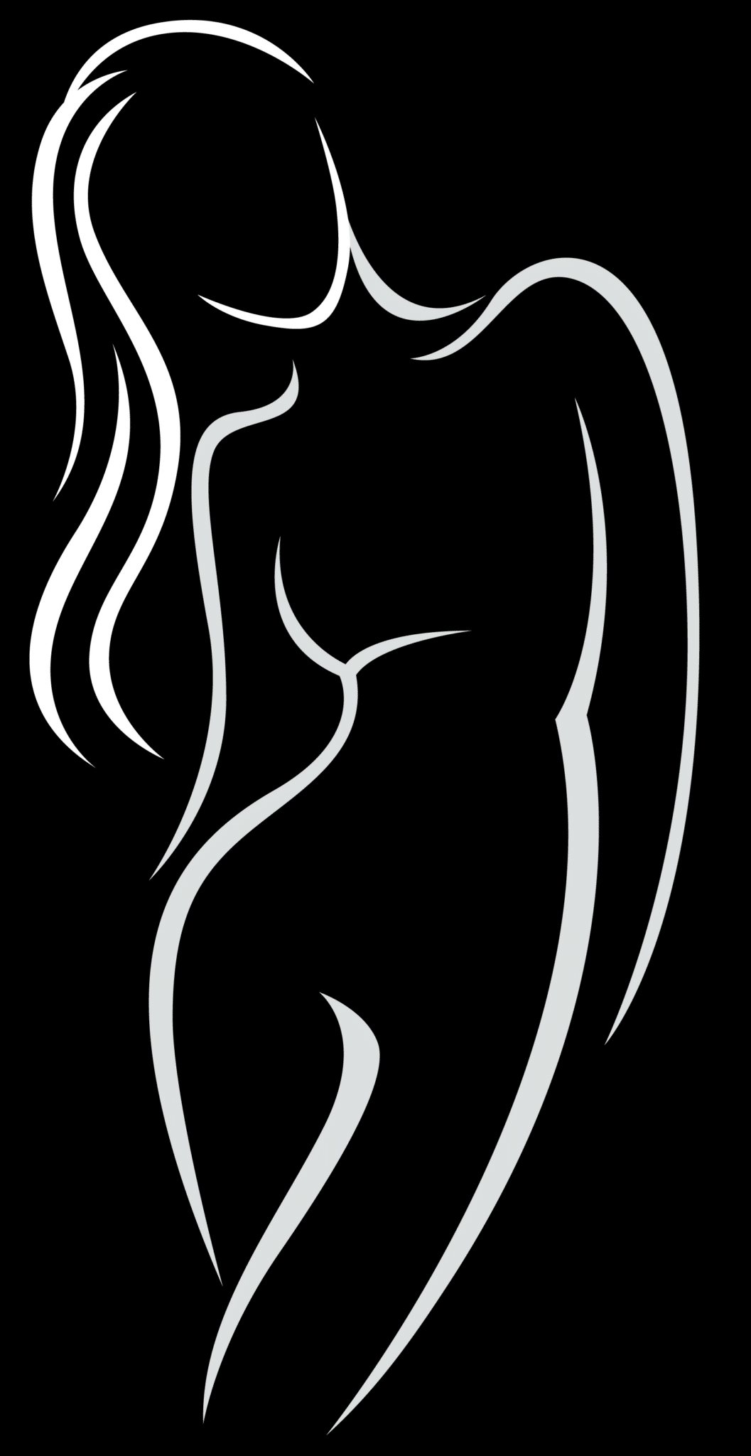 black background with white silhouette illustration of a woman