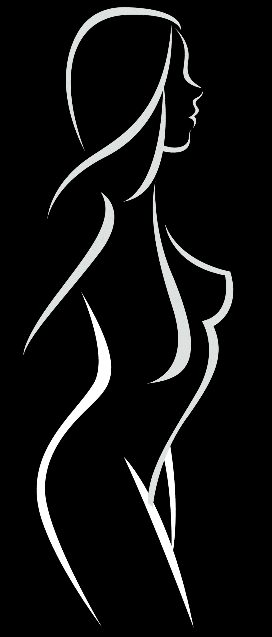 black background with white silhouette illustration of a woman